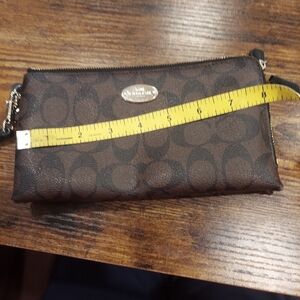 COACH Double Corner Zip Around Wristlet Brown and Black Signature Coated Canvas